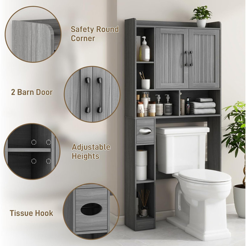 Wash Gray Farmhouse Over The Toilet Storage Cabinet with Adjustable Shelving