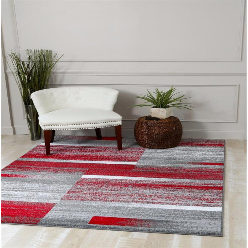 Rouge abstrait/Tapis décoratif grise, Rectangle 5 pi x 7 pi