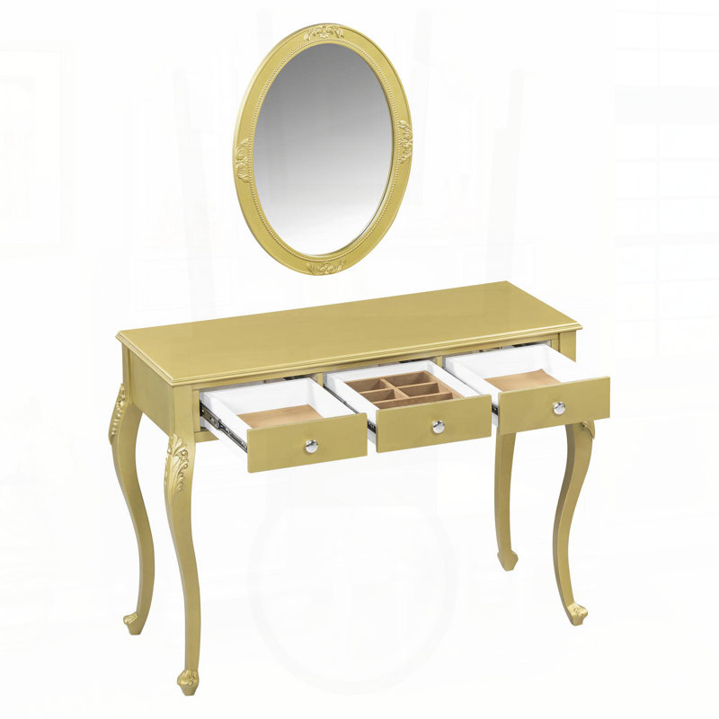Meuble-lavabo de luxe avec miroir ovale et plateau à bijoux en velours, Doré