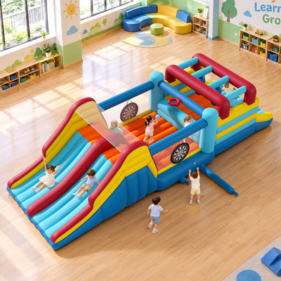 Château gonflable Albott avec parcours d'obstacles et souffleur, pour enfants de 3 à 10 ans. Structure tout-en-un comprenant une longue glissade, un mur d'escalade, une piscine à balles, un panier de basketball, des poteaux de boxe, etc. Dimensions : 720 x 239 x 175 cm. Couleurs vives et multicolores.
