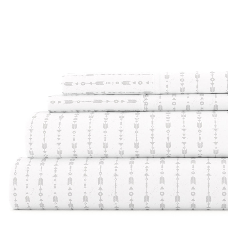 Home Beaded Arrows Striped Pattern Microfiber Sheet Set, Queen, Light Gray