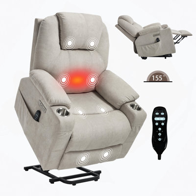 Up To 350 LBS Polyester Power Lift Recliner Chair, Heavy Duty Motion Mechanism With 8-Point Vibration Massage And Lumbar Heating, USB And Type-C Ports, Stainless Steel Cup Holders
