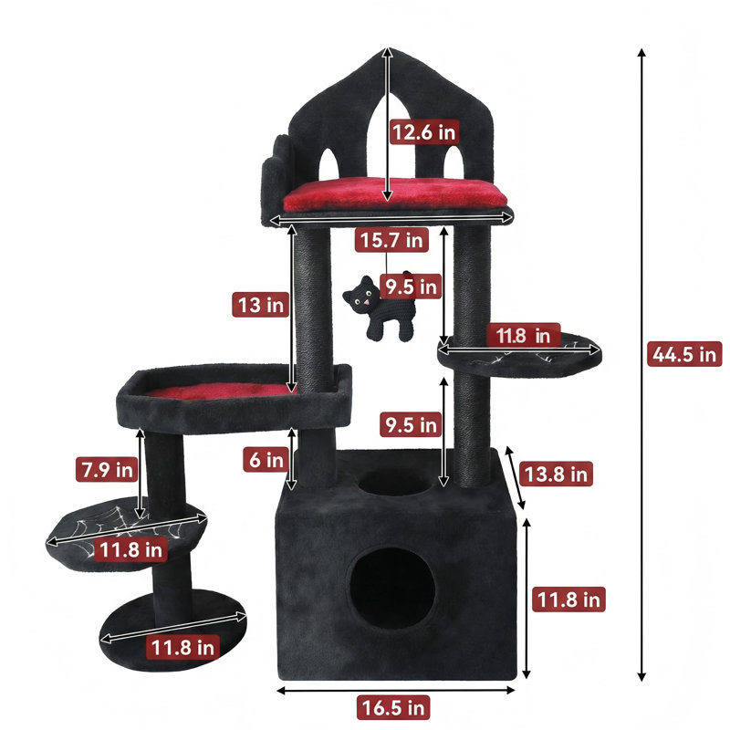 Tour à chat de 44,5 pouces de style gothique noir, thème effrayant, multi-niveaux avec poteaux à griffer, plateformes perchoirs, hamac et grotte cachée, comprend un jouet interactif, idéal pour plusieurs félins