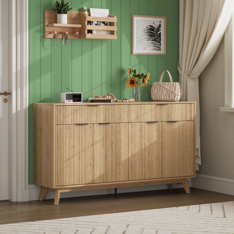 Buffet Sideboard, Sideboard Cabinet with 2 Drawers and 4 Rattan Doors, Rattan Sideboard with Adjustable Shelves, Brown