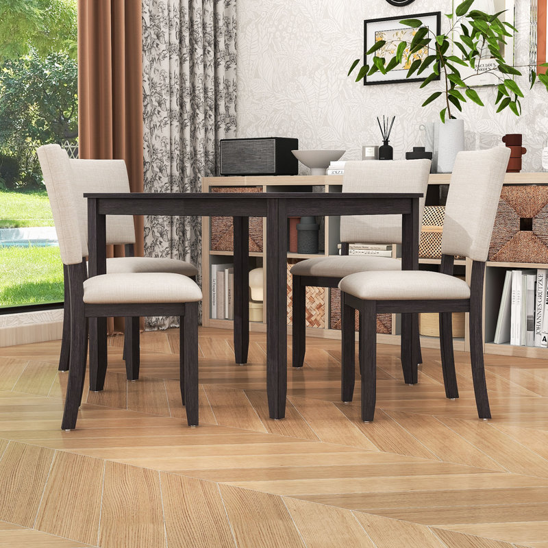 Ensemble de table de salle à manger moderne 5 pièces avec table carrée et 4 chaises rembourrées, Noir antique