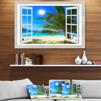 Window Open to Beach with Palm - beach wall art print, Beach and Palm tree canvas print