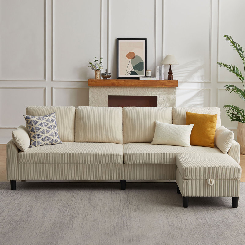 101'' Corduroy Upholstered Sectional Sofa With Storage Ottoman, Beige Corduroy