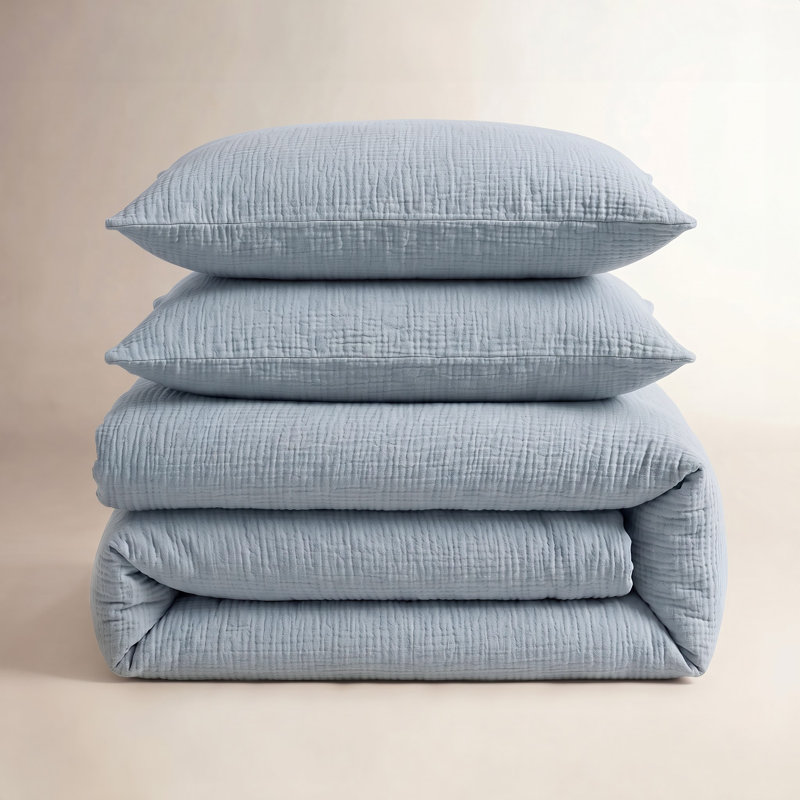 Dylan Gauze Cotton 3 pc Set, Queen Duvet Cover + 2 Queen Pillowcases, Blue