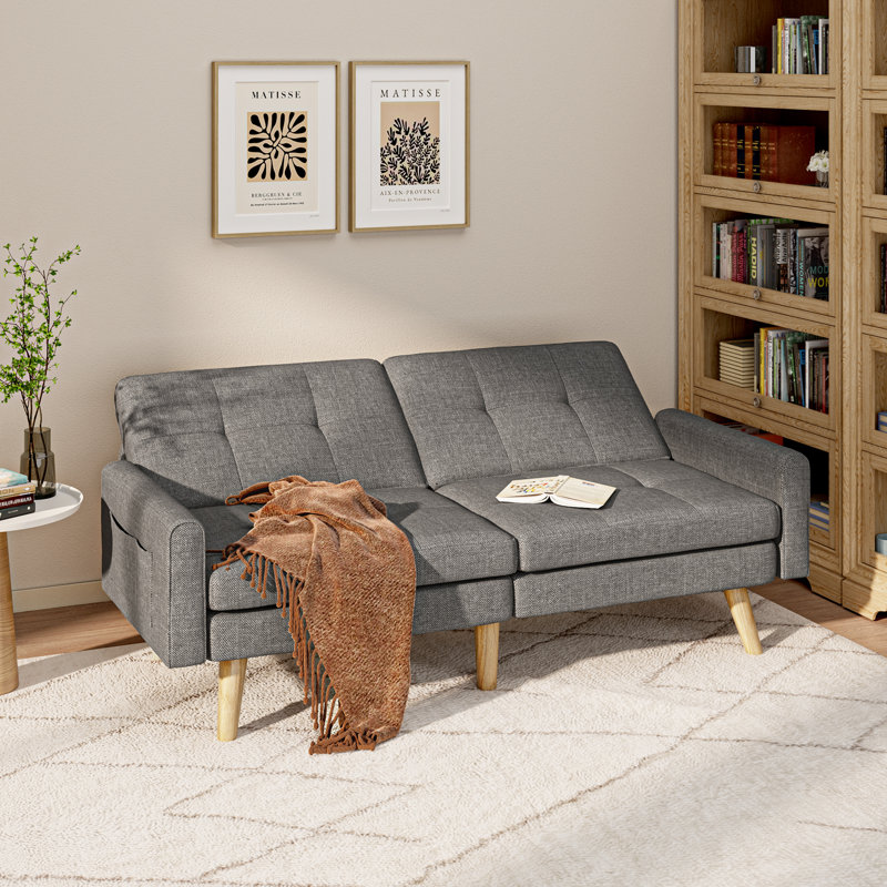 70.9" Nazeer Futon Sofa Bed: Reclining Linen Upholstery, Medium-Soft Seating, Dark Gray 100% Linen