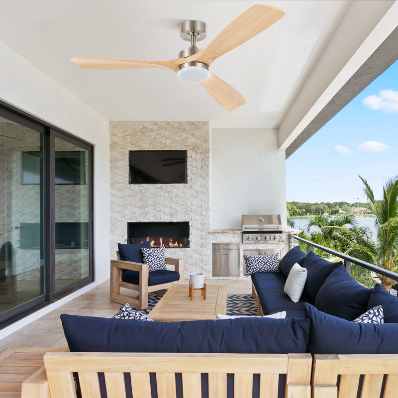 52" Brechter 3-Blade LED Ceiling Fan with Light and Remote, Nickel with Natural Wood Blades