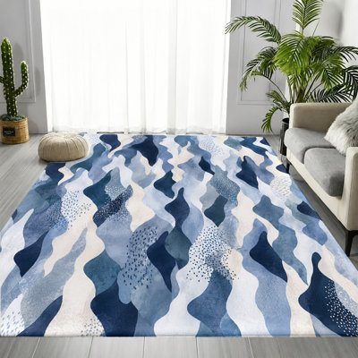Tapis abstrait à motif de vagues abstraites, motif aquarelle blanc, tapis antidérapant antitaches, décoration intérieure artistique pour salon, chambre à coucher, bureau, couloir, dortoir, appartement