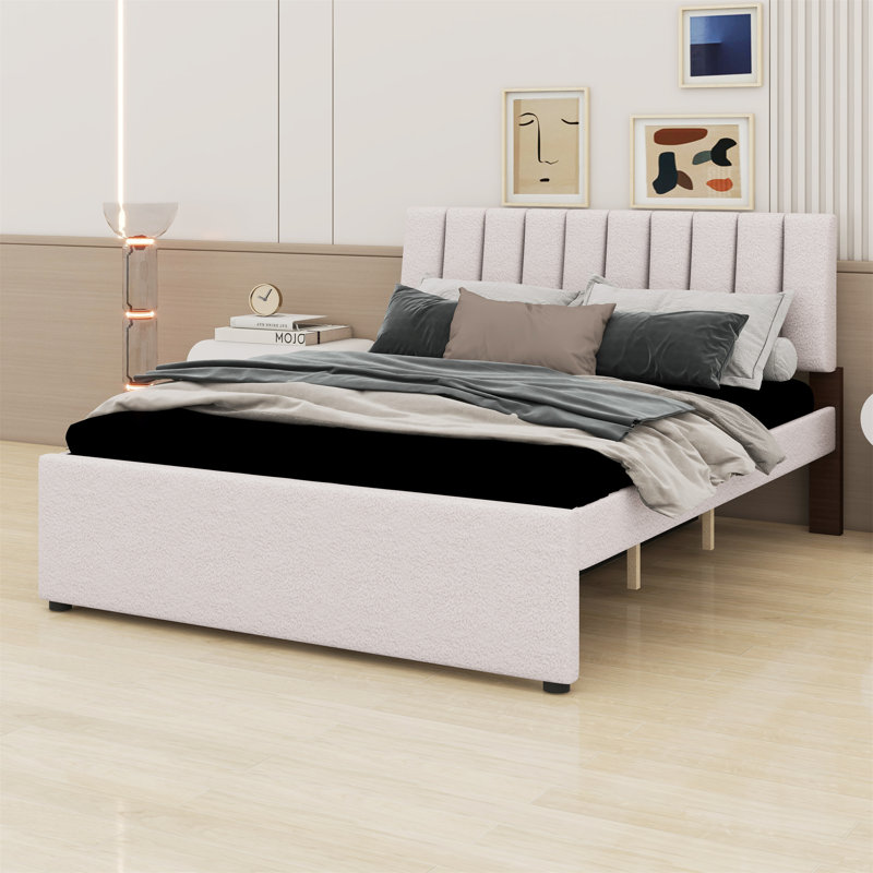 Lit plateforme tapissier avec lit gigogne, Beige