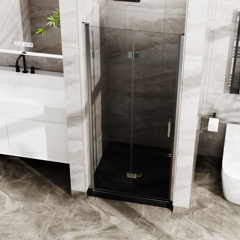 Porte de douche en verre pliable sans cadre de 34 po x 72 po avec base en acrylique noire Goodyo, Argent argent