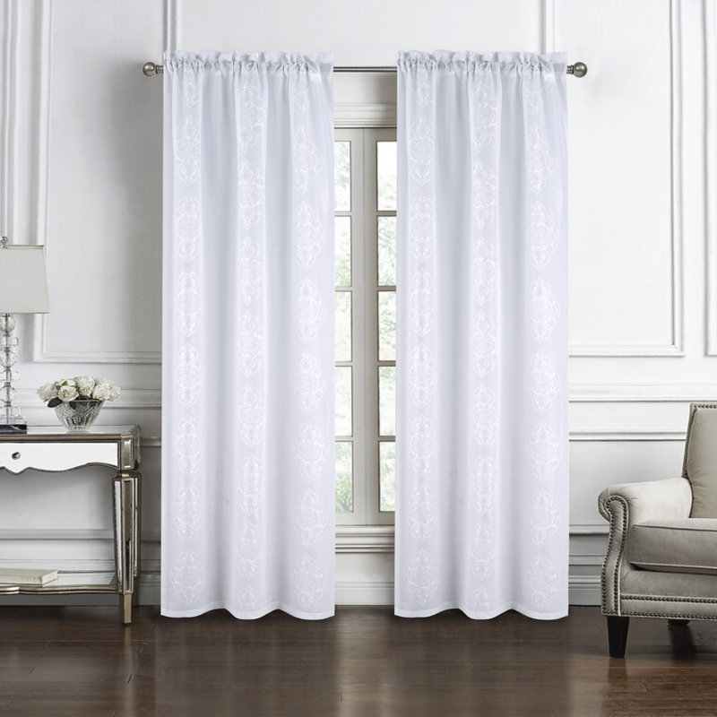 Panneau de rideau transparent brodé Deta, Blanc