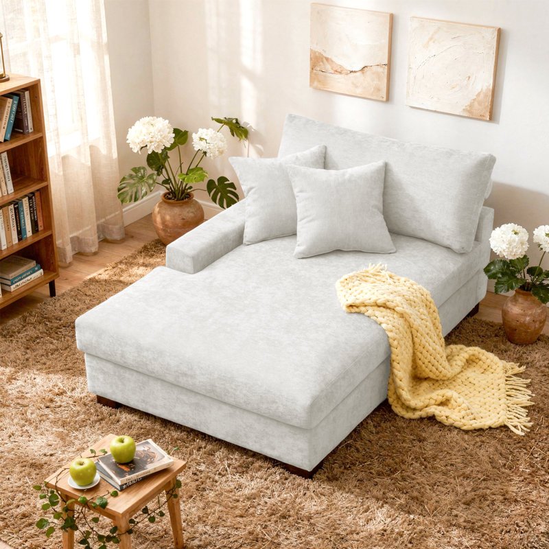 Chaise longue surdimensionnée rembourrée en chenille blanc cassé avec accoudoirs et coussins décoratifs, Face à la gauche