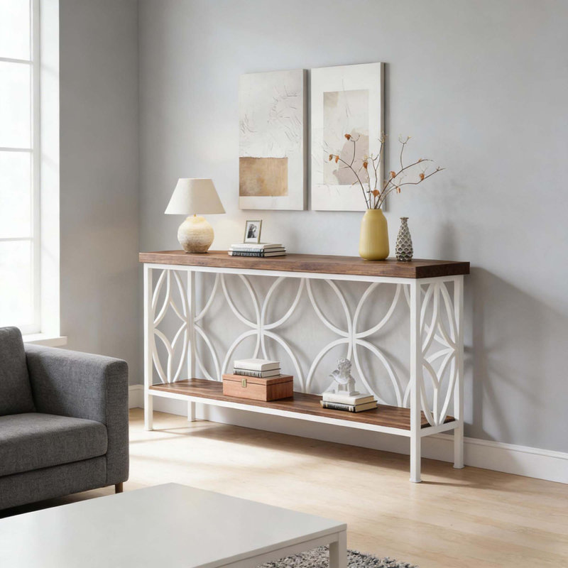 Rustic Metal & Wood Sofa & Console Table With Multifunctional Storage, Light Brown, White