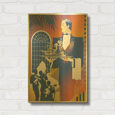 «Band and Waiter» par David Chestnutt, art mural en métal doré, 16 po x 24 po