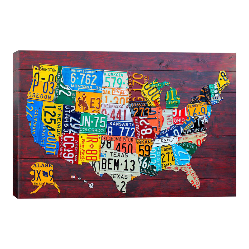 «USA Recycled Licence Plate Map VII» par Design Turnpike, impression, H 26 po x l 40 po x P 1,5 po, Toile