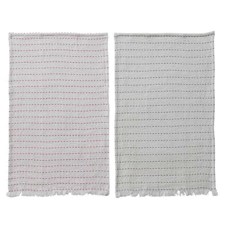 Ensemble de 2 torchons 2 pièces avec coutures Kantha brodées à la main et bords effilochés
