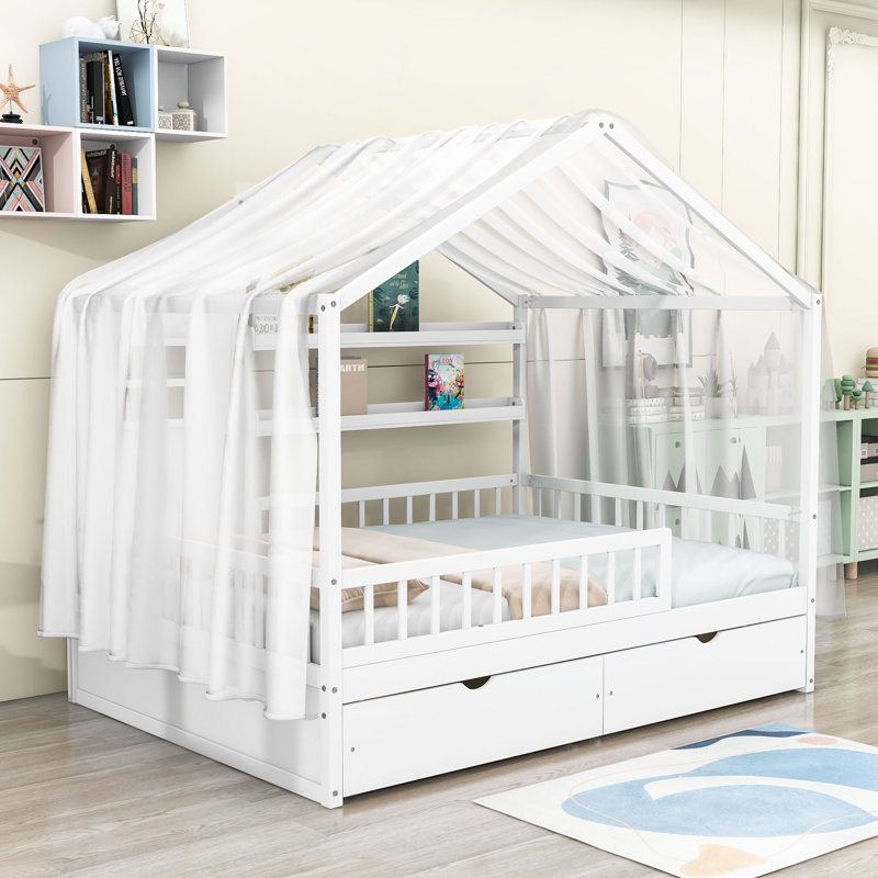Lit plateforme en bois avec design de maison, tablettes et tiroirs, Lit double, Blanc