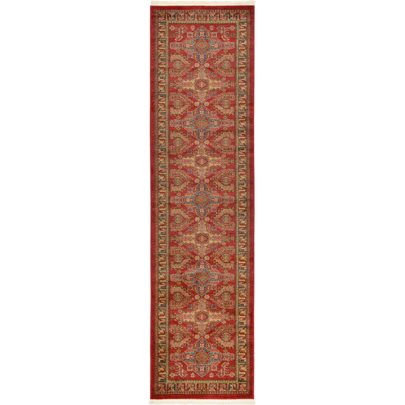 Tapis rouge à motif géométrique Eesi, Tapis de couloir 2 pi 7 po x 10 pi
