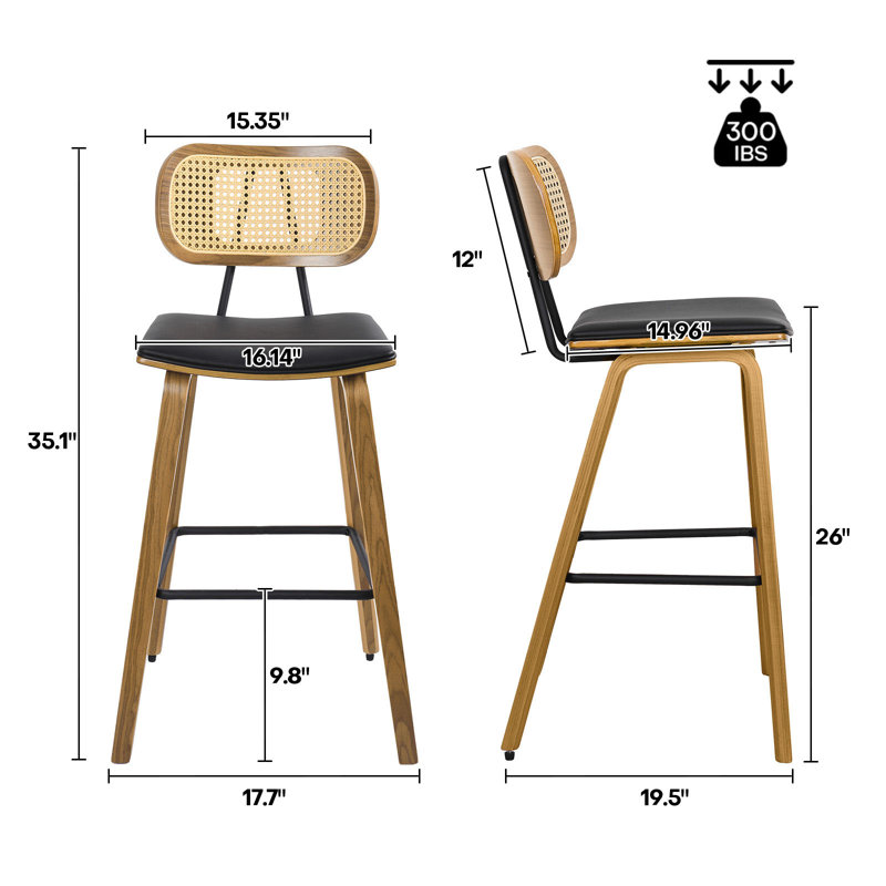 26" Black Upholstered Rattan and Wood Counter Stool Set