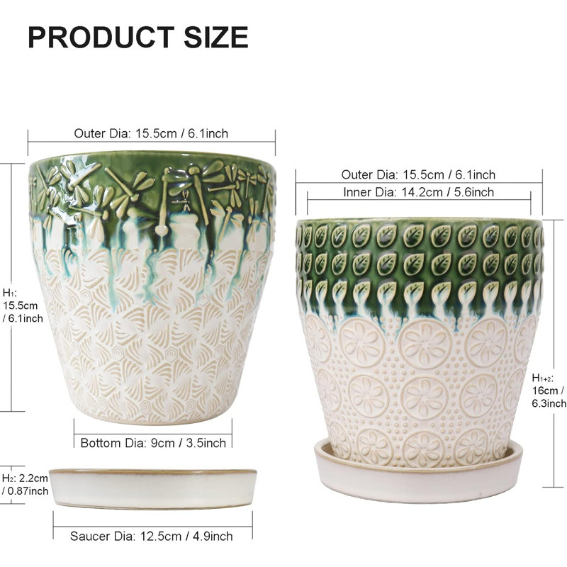 Set Of 2 Ceramic 6" Planter Pots With Drainage Saucers And Mesh Pads