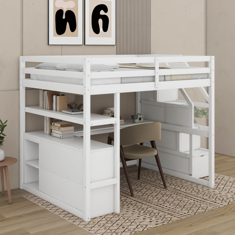 Lit mezzanine double avec bureau et tablettes, White