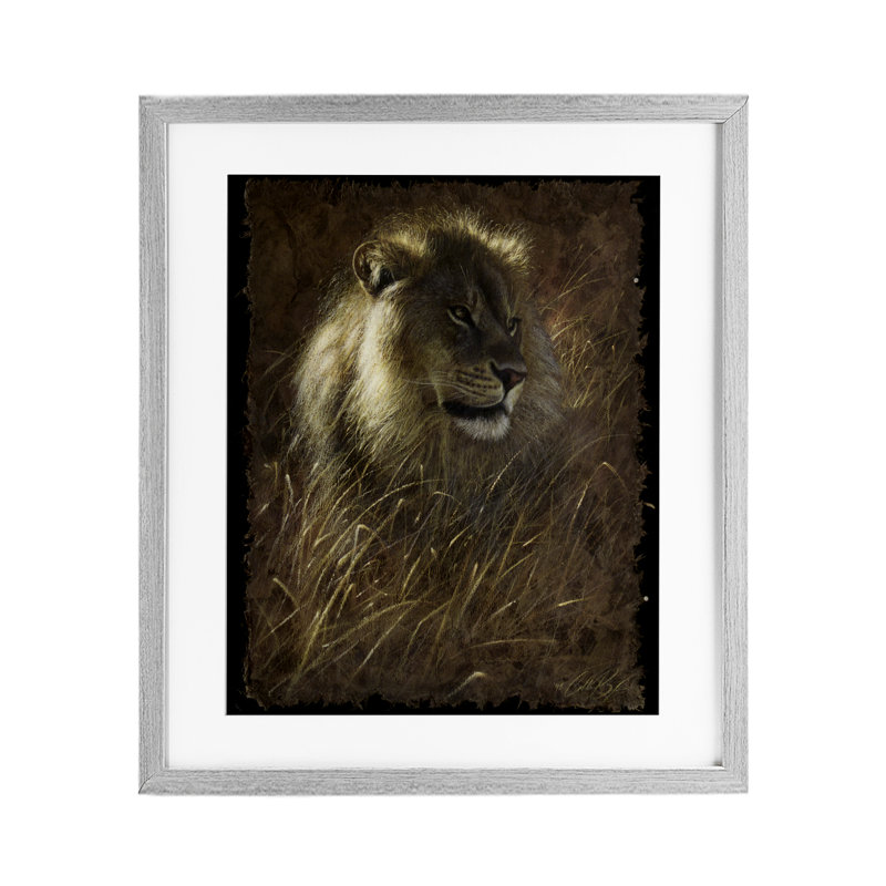 Lion sur écorce rustique, reproduction encadrée sous verre, conception de Collin Bogle, Cadre de ferme gris