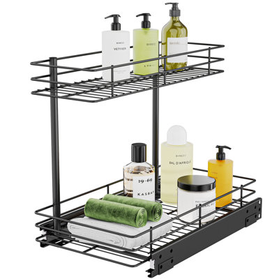 FANHAO 2‑Tier Matte Black Wire Pull‑Out Under Sink Cabinet Organizer, Sliding Storage Shelf, 27 x 44 x 37cm, Requires Minimum 32cm Cabinet Opening for Kitchen & Bathroom