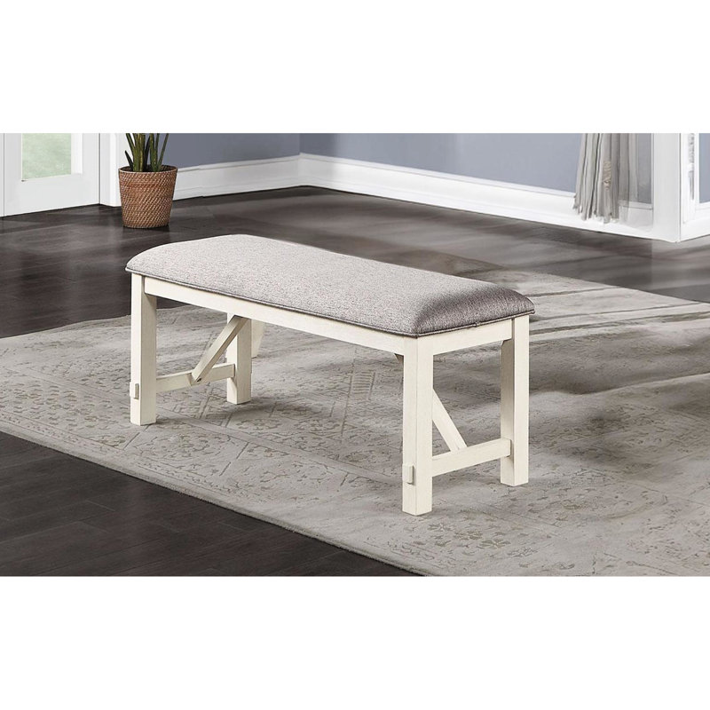 Banc de salle à manger rembourré gris, finition blanche, design inspiré antique + siège, contemporain