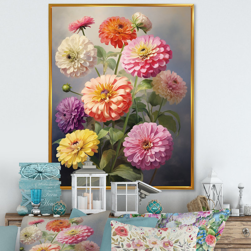 "Colorful Zinnias", impression romantique sur toile encadrée, H 20 po x l 12 po x P 1 po, Cadre flottant doré