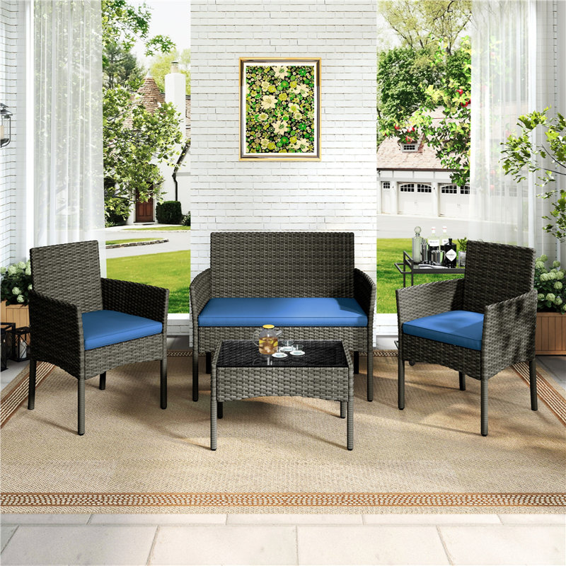 Ensemble de 4 tables de réception d'extérieur avec plateau en verre trempé, Bleu très foncé, Gris
