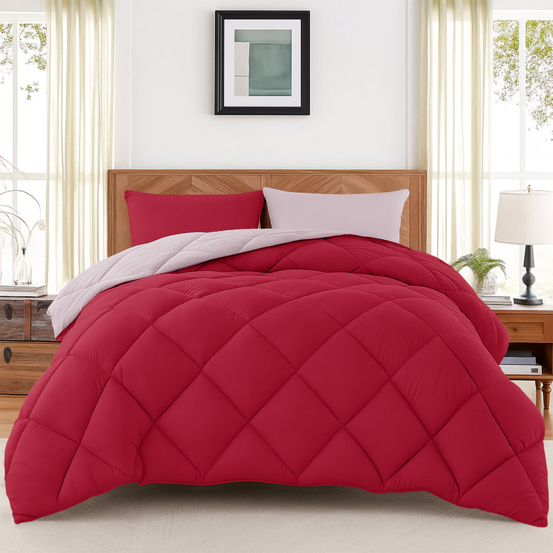Down Alternative Microfiber Reversible Comforter Set - 3 Pcs All Season Diamond Pattern Comforter with Shams, Burgundy, KIng