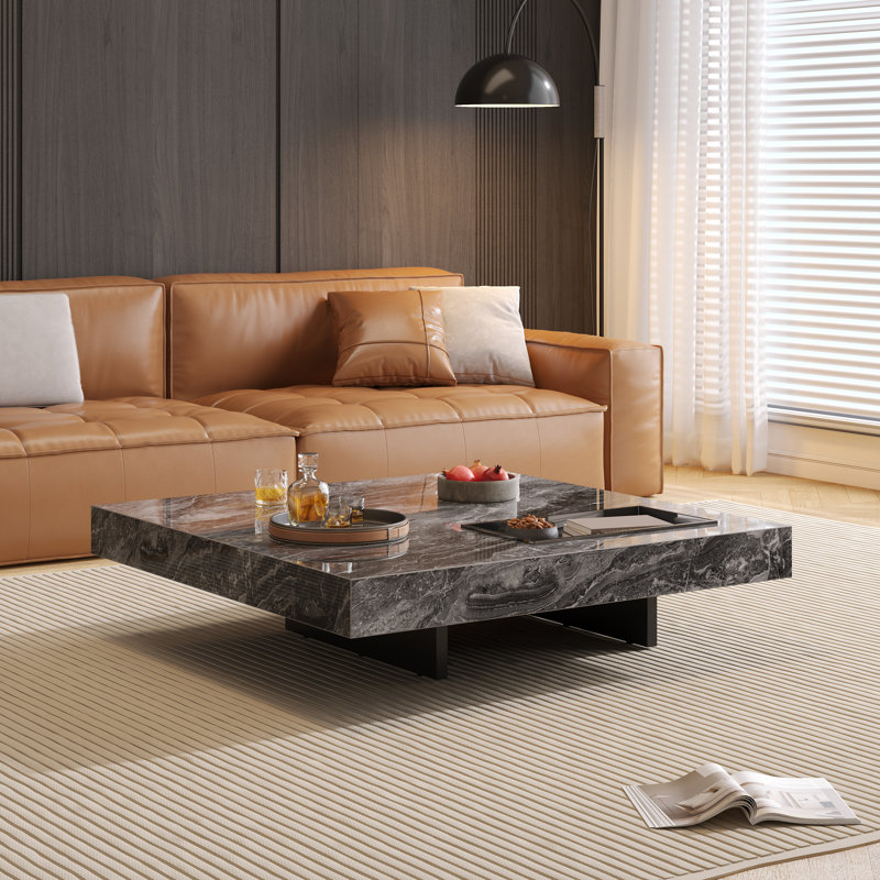 Table basse carrée en pierre frittée de luxe avec pieds en acier inoxydable de 39,37 po Briamarie, Brun