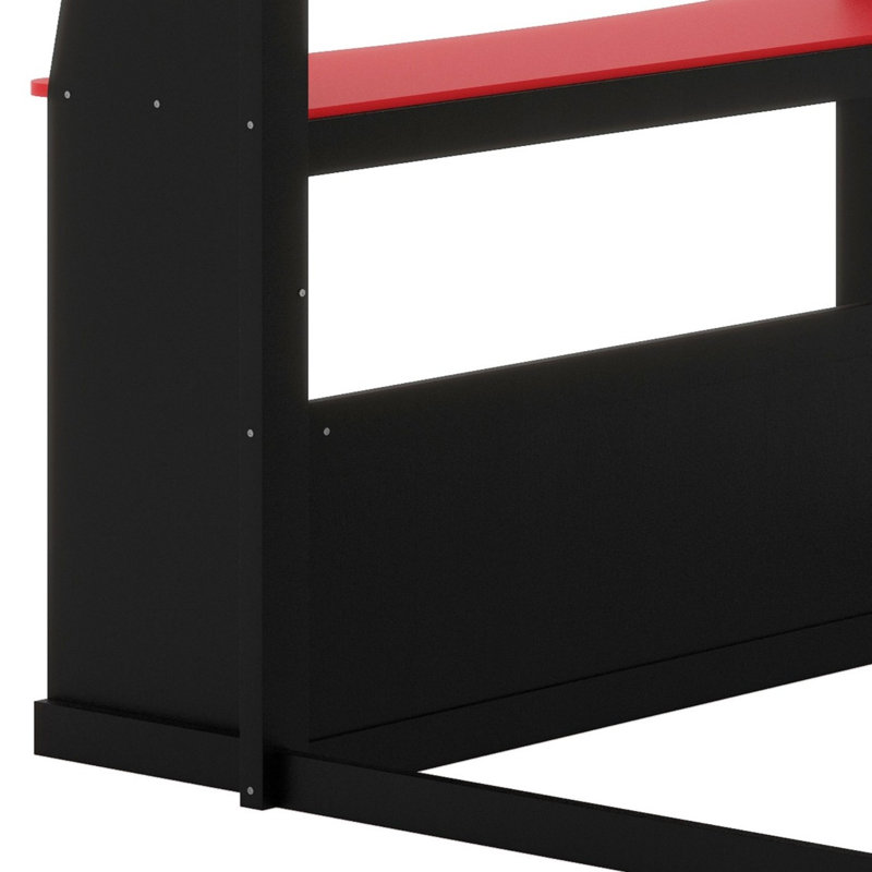 Lit superposé en bois pour enfants avec bureau d'étude intégré, tablettes de rangement, charge USB et DEL, Noir et rouge