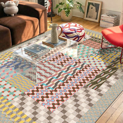 Boho Geometric Patchwork Area Rug for Living Room Bedroom, Modern Accent Rug for Home Decor