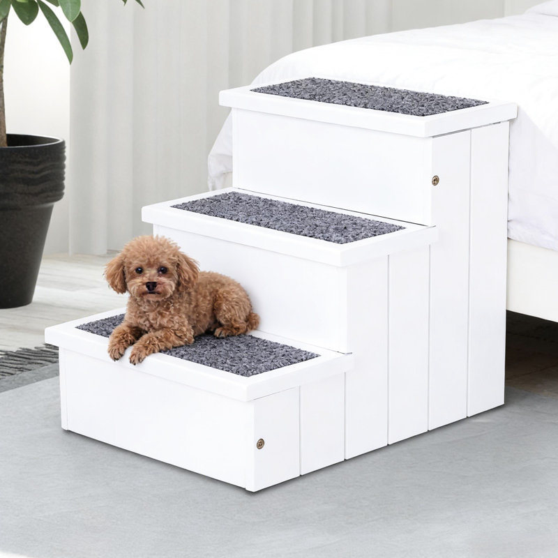 Rampe d'escalier en bois pour animaux de compagnie, L 16 po x P 17,5 po, H 15 po, blanc, charge de 66 lb, antidérapant pour petits et moyens chiens, capacité de rangement blanche