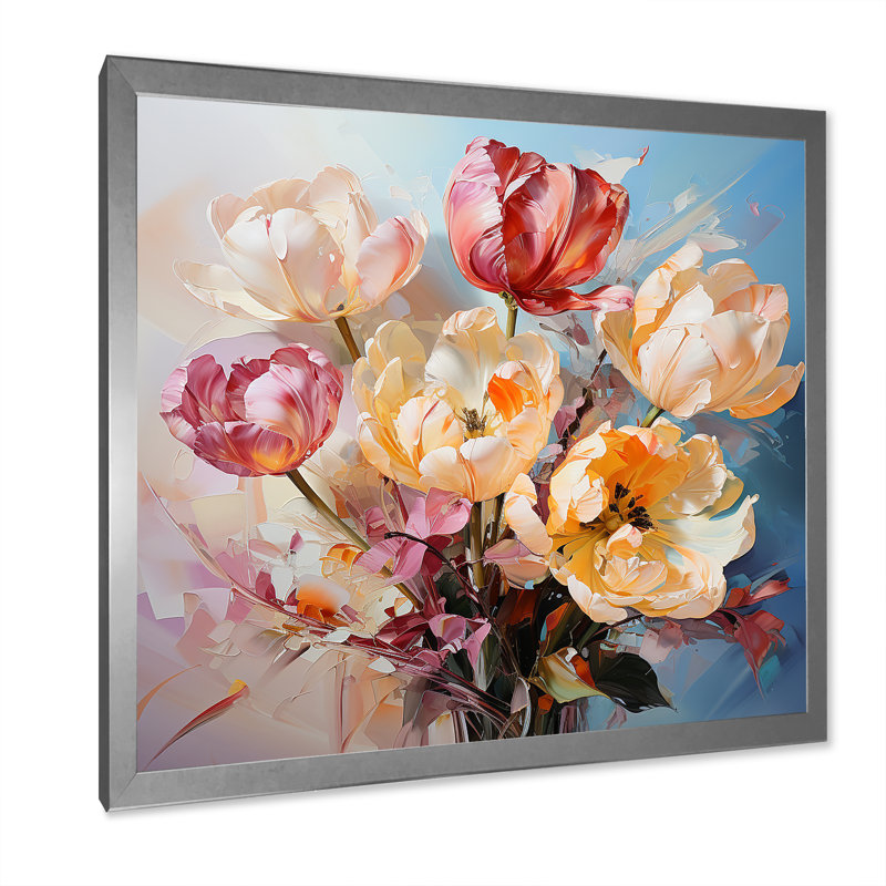 Bouquet de tulipes, nature morte I, Cadre simple argenté, H 36 po x l 36 po x P 1,5 po