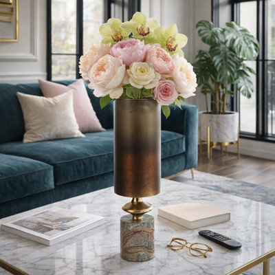 Modern Cylinder Glass Vase with Marble Base & Metal Accent for Home Table Decor - Tall Flower Vase Accent for Living Room Styling - Brown & Gold