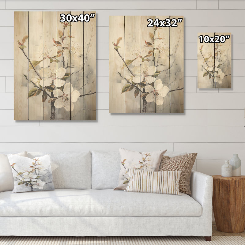 Minimalisme, fleur de pommier blanc I - Art mural en bois sur bois de pin naturel, H 40 po x l 30 po