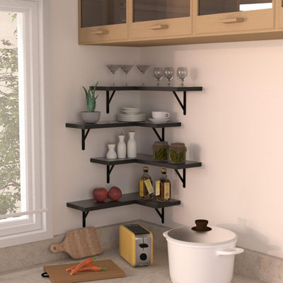 Ensemble de 4 tablettes de coin flottantes en L pour la chambre à coucher, la cuisine, le salon, la salle de bain et le bureau - avec une construction en bois naturel robuste