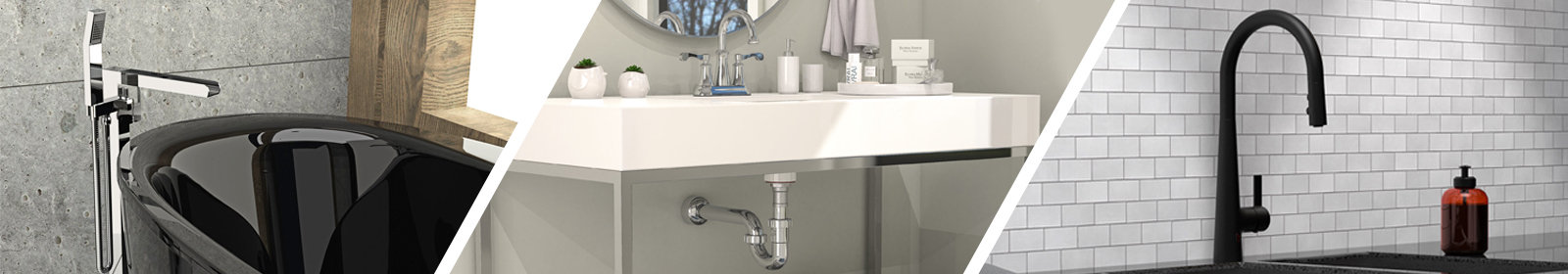 A modern tub filler, bathroom vanity with faucet and p-trap, and touchless pull-down kitchen faucet.