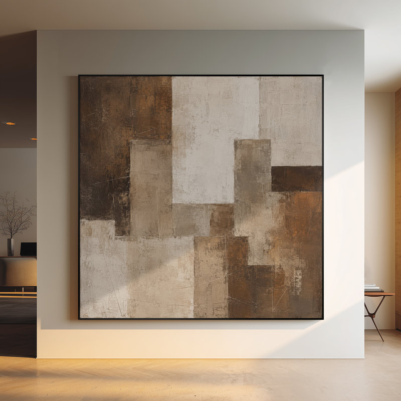 Impression sur tissu grand format - Motif géométrique abstrait neutre brun et beige pour salon ou chambre - « Assemblage du cadre requis (cadre non fini) »