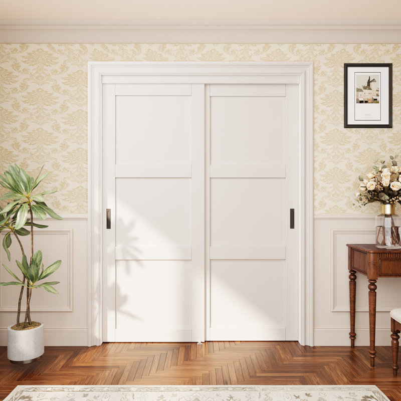 Portes coulissantes 60 po x 80 po en bois manufacturé blanc et massif avec trousse de quincaillerie d'installation et poignée
