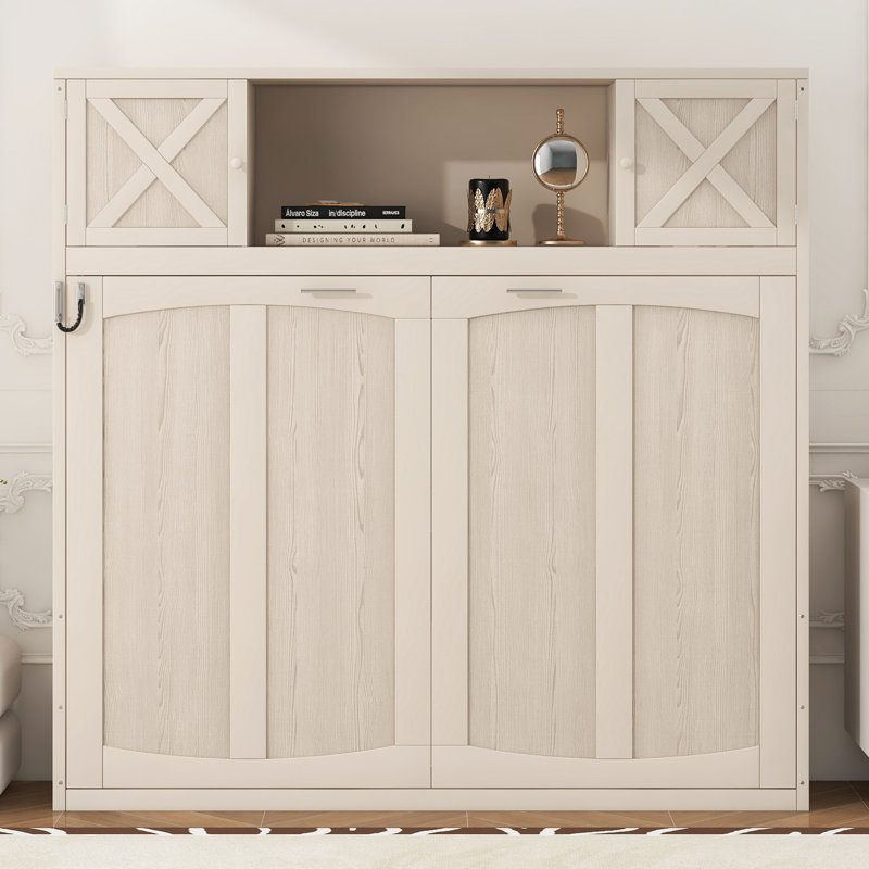 Grand lit escamotable mural avec armoires de rangement, lit plateforme peu encombrant, beige, Beige