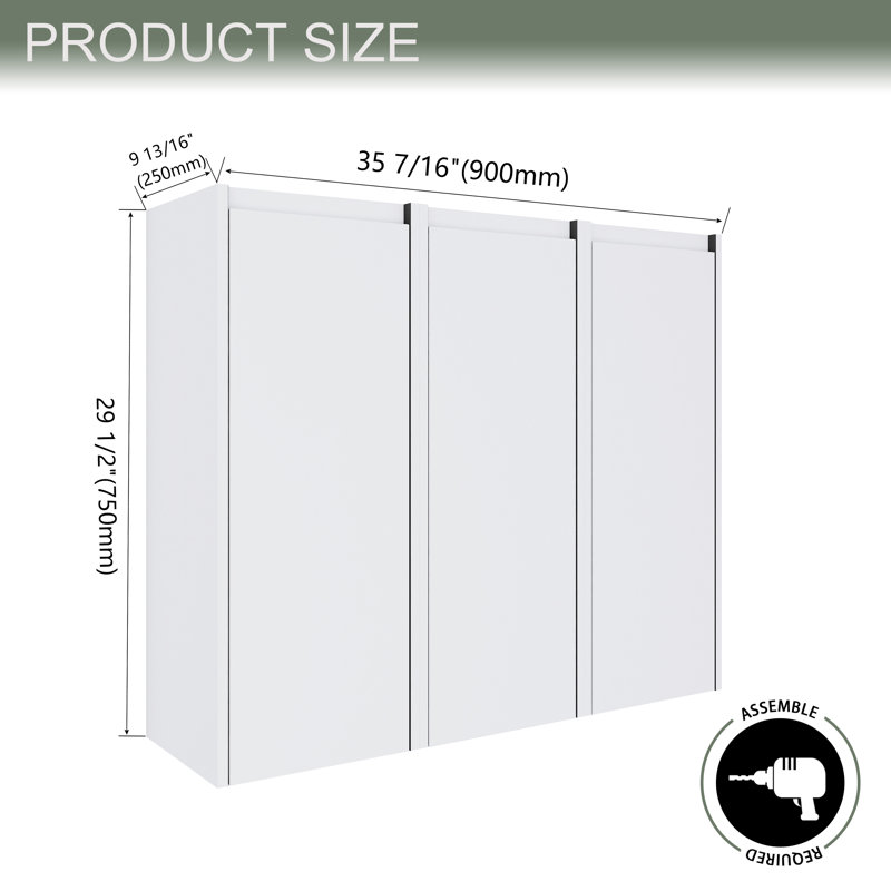 Armoire murale de salle de bain 36 po, 3 portes à fermeture douce, Blanc