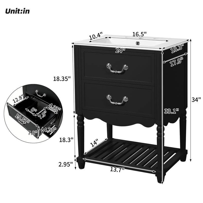 Meuble-lavabo de style rétro Royal, armoire de rangement multi avec tiroirs en U, tablette ouverte et lavabo en céramique anti-taches anti-taches - noir