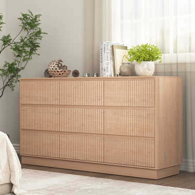 Commode 9 tiroirs Natural, commode Mid-Century moderne en bois, grand meuble télé et armoire de rangement pour la chambre à coucher