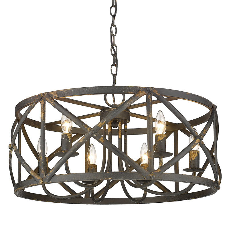 6 - Light Dimmable Lantern Drum Chandelier, Antique Black Iron